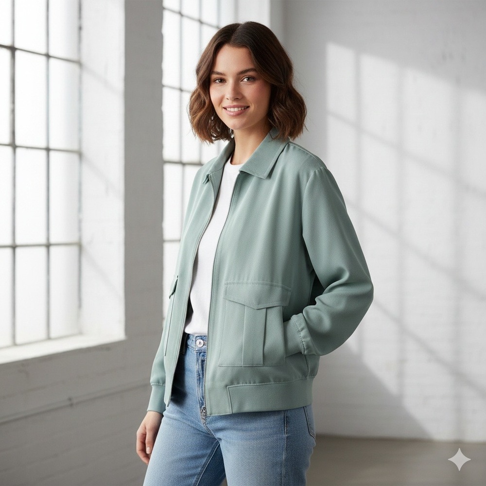 EXPRESS Women's Green Bomber Jacket Utility Cargo Pockets Full‎ Zip - Size M